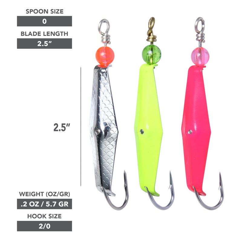 Clarkspoon Size 0, Three Pack Trolling Spoons: Chrome Hammered Scale Finish, Chartreuse, Pink - Image 5